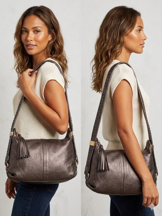 Elliott Lucca Handbags - Elliott Lucca Metallic Bronze Leather Hobo Bag - Woven Strap & Tassel - Gold HW